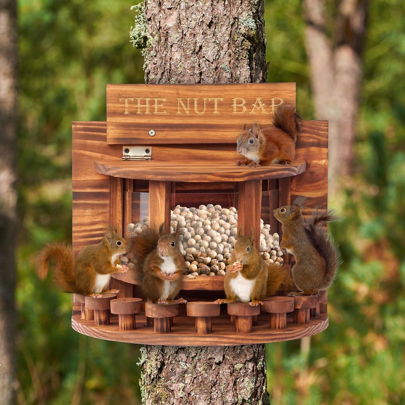MIXUMON Crescent Squirrel Feeder Table, Wooden Squirrel Picnic Table Feeder,