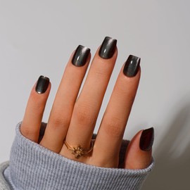 KQueenest Cat Eye Press On Nails Short Coffin, 30 Pcs Glitter Black Press On Nails Summer, Sparkly Fake Nails With Glue, Luxury Glass Nails Press ons, Reusable Soft Gel Stick on Nail for Women Gift