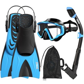 Aegend Snorkeling Gear Set for Kids - Anti-Fog Diving Mask, Adjustable Fins & Dry Snorkel, Full Snorkel Kit for Youth Swimming & Diving (Ages 5-15) (Black, XS)