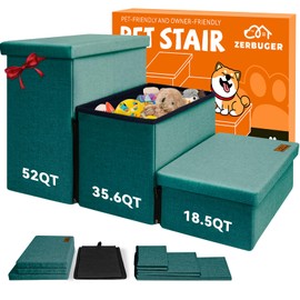 Dog Stairs with Storage 18" H, 3-Step Wider Dog Steps for Small/Medium/Large Dogs Cats, Folding Sturdy Pet Stairs Climbing Bed or Sofa, Ramp for Car Hold Up to 200 lbs (Dark Green, No Condo)