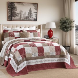 FineStichery 100% Cotton King Bedspread 120"x120", Oversized Quilt Set, Extra Wide Bedspread Coverlet, Plaid Floral Pattern, Lightweight Quilted Reversible Bedding Set, 3 Piece, Cream/Burgundy
