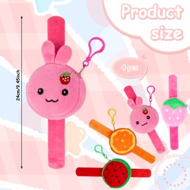 JWTRSVTY 4 Pieces Plush Bracelet with Purse, Plush Fruit Slap Bracelet, Cute Plush Snap Bracelet, Cartoon Plush Bracelets Slap Toy, with Strawberry Handes, Orange, Watermelon, Strawberries (Fruit