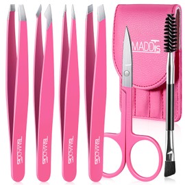 TsMADDTs 6 PCS Eyebrow Tweezers Set, Tweezers for Women Facial Hair with Curved Scissor and Eyebrow Brush for Ingrown Hair