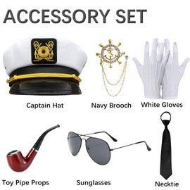 Mprocen Captain Costume Captain Shirt Captain Sailor Costume with Navy hat, Pipe, Sunglasses, Tie, Gold Anchor Pin, Gloves Men Fancy Dress Costumes