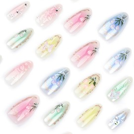 Press on Almond Nails Spring Glossy Full Cover Medium Almond False Nails with Floral Designs Artificial Almond Shaped Fake Nails with Charms Glue Stick ons Fingernails for Women Girls(JP3400)