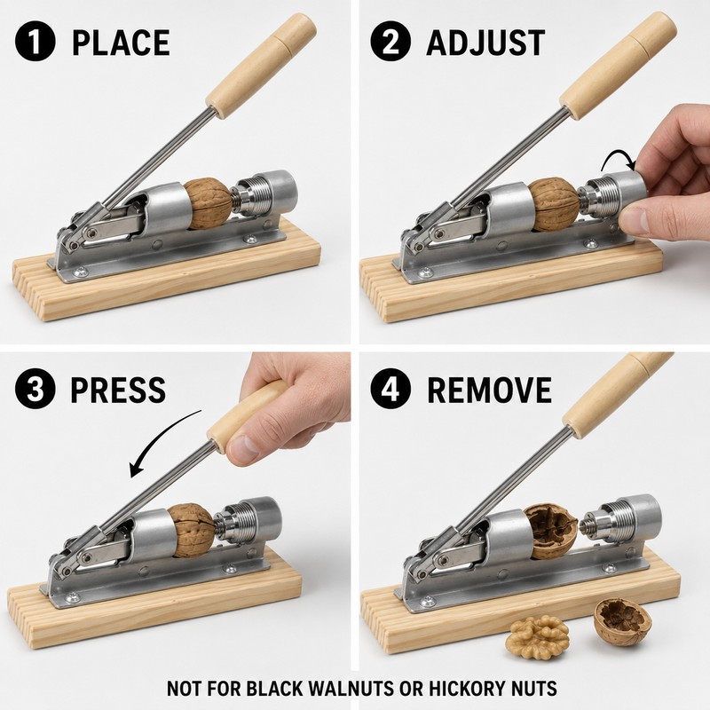 Adjustable Lever Nutcracker with Wood Base for Pecans & Walnuts