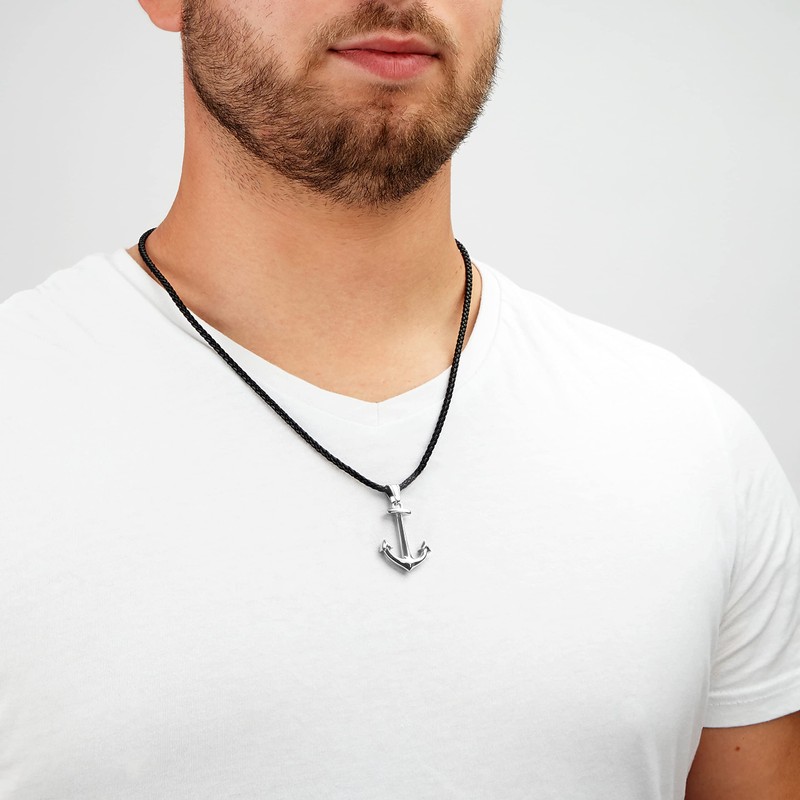 SERASAR Men's Premium Leather Necklace, Stainless Steel Pendant, Secure Clasp,