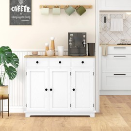 HOMCOM Sideboard with Solid Wood Countertop, Modern Kitchen Storage Cabinet, Coffee Bar Cabinet with 3 Drawers, Doors and Adjustable Shelf, White