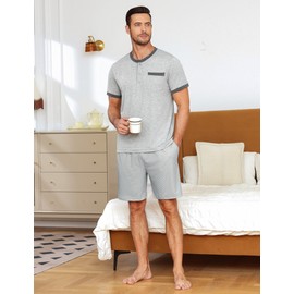 Jahetuul Shorty Pyjamas Men's Set Summer Cotton Sleepwear Round Neck T-Shirt and Shorts Lightweight Loungewear for Home mens pjs sets Grey