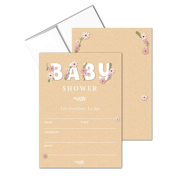 Baby Shower Invitations Boy or Girl - 25 Shower Invites & Envelopes (Floral Baby)