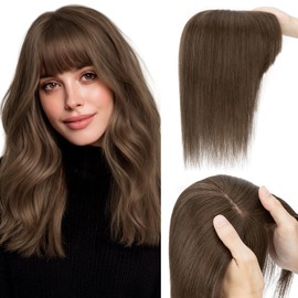 Charites Hair Toppers for Women Real Human Hair 12 Inch Long Straight Toppers for Women with Thinning 7 * 13CM Silk Base Clip in Hairpieces with Bangs (Chocolate Brown)