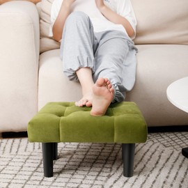 HOUCHICS Small Footstool Ottoman,Velvet Soft Footrest Ottoman with Wood Legs,Sofa Footrest Extra Seating for Living Room Entryway Office(Green 1PACK)