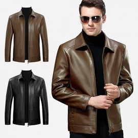 Men's Casual Single Leather Jumper for Transitional Seasons Leather Jacket Black 105