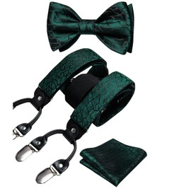DiBanGu Suspenders and Bow ties for Men Formal 6 Clips Y-Shape Adjustable Suspenders Self Bow Tie Pocket Square Cufflinks Set, Emerald Green
