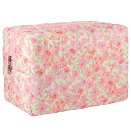 AMULOKRU Small Makeup Bag, Quilted Makeup Bag, Floral Makeup Bag, Cosmetic Bags for Women Girls, Coquette Aesthetic Makeup Organizer Bag,Flower Travel Toiletry Bag,S- Pink Floral