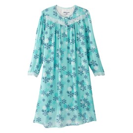 Women’s Open Back Adaptive Lace Trim Nightgown - Long Sleeve Flannel Hospital Gown for Seniors - Light Snowflakes MED