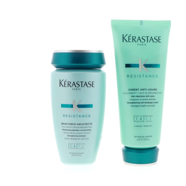 Kerastase Resistance Bain Force Architecture Shampoo 8.5 oz, Ciment Anti-Usure Cream 6.8 oz Set