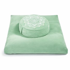 hunnidspace Meditation Zafu Cushion Set with Buckwheat Hulls & Memory Foam - Ergonomic Support for Yoga & Sitting - Removable Machine-Washable Luxury Velvet Cover - for Adults and Kids (Sage Green)