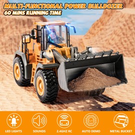 Remote Controlled Excavator Toy Wheel Loader Bulldozer with Light and Sound for Boys 3-12 Years, 2.4GHz RC Excavator Bulldozer with Metal Shovel, Construction Vehicles Children Gift for Birthday/Christmas