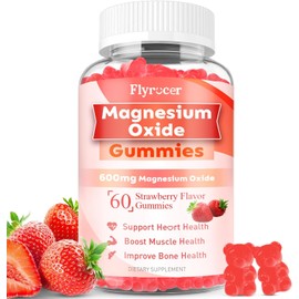 Magnesium Oxide Gummies 600mg, Sugar-Free Magnesium Oxide Supplement for Adults & Kids, Nerve & Muscle Support, Vegan, Non-GMO, Strawberry Flavor, 60 Count