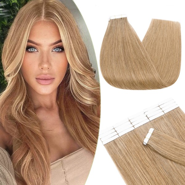 Tape In Human Hair Extension 14" Dark Blonde 20pcs 30g Set Remy Tape In Hair With Invisible Double Side Tape Silky Straight Skin Weft Brazilian Hair Seamless Glue (14",#27)