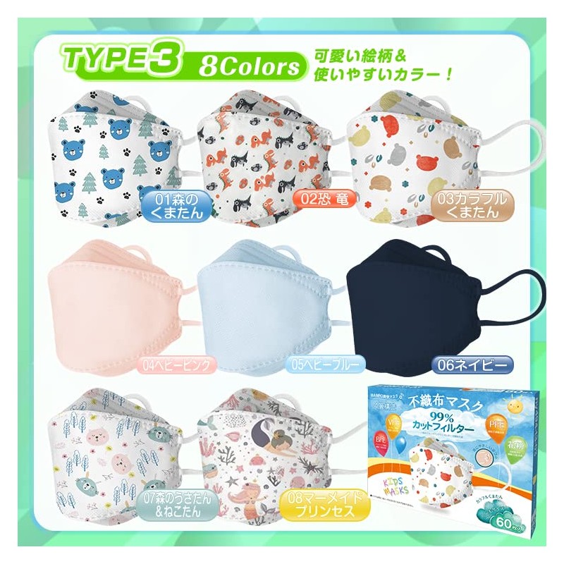 Sunpercy Children's 4-Layer Mask, Non-woven Fabric, 60 Pieces, Small, Flat