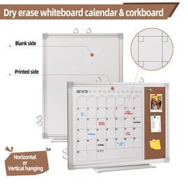 Dry Erase Calendar Whiteboard with Cork Board for Wall, Magnetic Monthly White Board 17" x 13" Double-Sided Bulletin Corkboard Wall Hanging Board for Home Office School Kitchen Planner