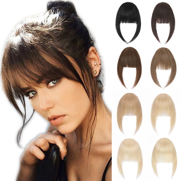 Hairro Clip In Bangs, Medium Brown 100% Real Human Hair Piece Clip On Fringe With Temples Short Hairpieces Natural Flat Neat Bangs Remy Hair Extensions For Women Daily Use French Wispy Bangs