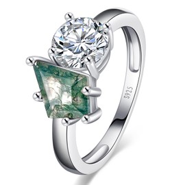 Yaresul Natural Moss Agate Ring Toi Et Moi Ring Promise Ring for her - 925 Sterling Silver Double Stone Ring Kite Cut Moss Agate Engagement Ring for Women Best Gift Wedding Band Size 8