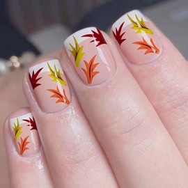 24Pcs Autumn French Tip Press on Nails Maple Leaf Short Square Fake Nails Reusable Acrylic Nails for Women Thanksgiving Maple Leaves Manicure Decoration Supplies