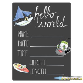 Cohas Hello World Newborn Baby Announcement Chalkboard Sign with Boat Theme, 12 by 16 Inches, Blue Marker