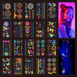 SUGERU® 20 large sheets neon face tattoo (176 patterns), glitter neon party outfit, colour tattoo face, black light make-up, UV body & face painting tattoo stickers, natural soy ink