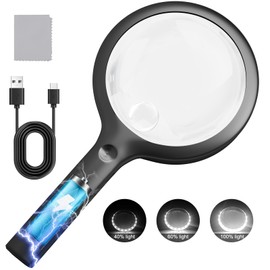 30X 40X Charge Magnifier with Light, NUEYiO 4.33Inch Large Handheld Magnifying Glass with Light, 20 Daylight LEDs & Third Gear Dimming Lighted Magnifying Glass for Seniors Reading Jewelry -Black