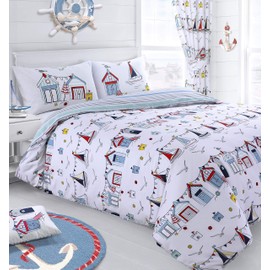 Velosso Nautical Seaside Boats Beach Hut Sail Reversible Duvet Cover & Pillowcase Bedding Set (Single)