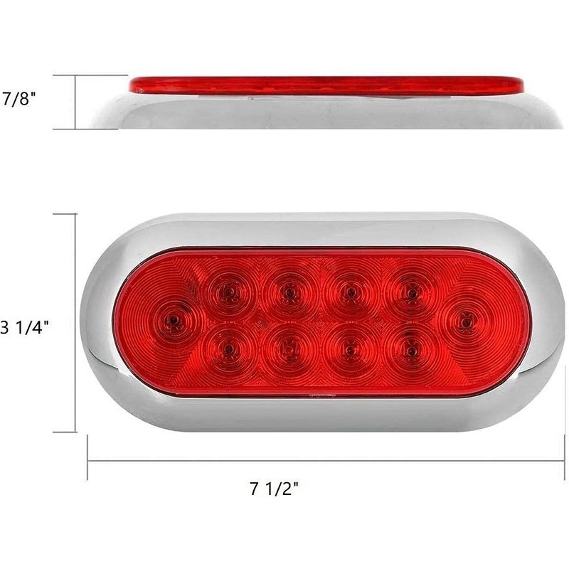 4pcs 6" Oval Chrome Bezel Trailer Truck Red 10 LED