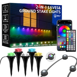100 FT 2-in-1 Eaves & Ground Stakes LED String Lights, Outdoor RGB Light with App & Remote Control for House, Garden, and Landscape, Waterproof Smart Color-Changing Lighting for Holiday Everyday Decor