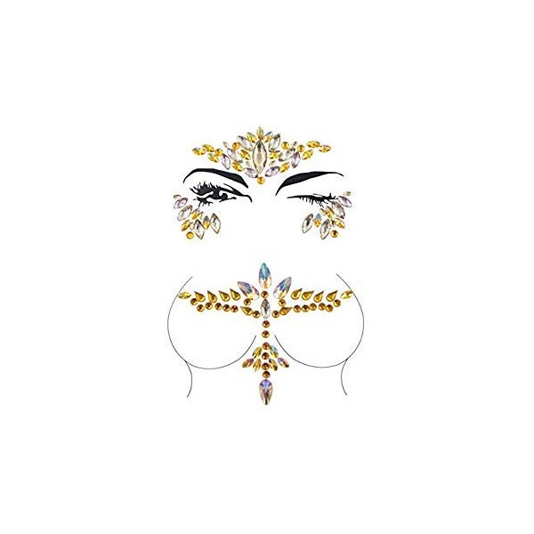 2 sets face gems gold halloween sticker face Rhinestone Rave Festival Face Jewels headpiece Crystals Face Stickers Eyes Body Stickers for Music Festivals wedding Bohemian(Yellow set/SV15)