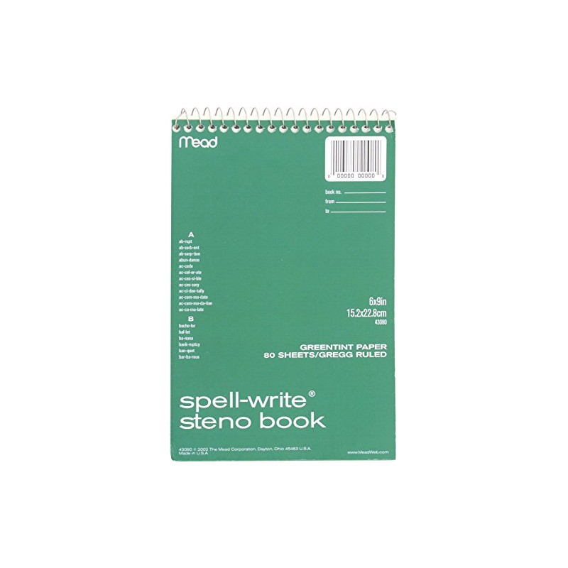 Spell-Write Steno Book, Gregg Rule, 6 x 9, Green, 80