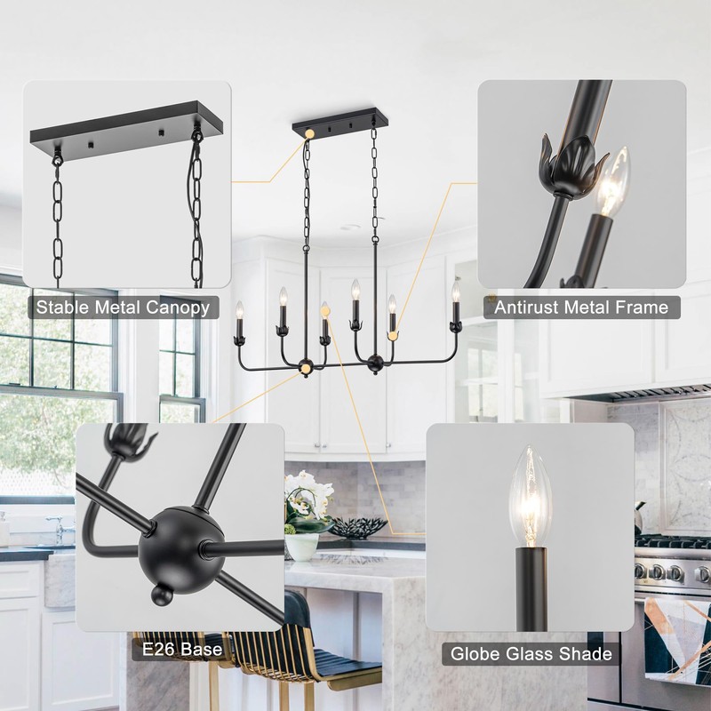 LMSOD Modern Black 6-Light Linear Chandelier, E12 Base, Adjustable Chain