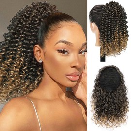 Afro Puff Kinky Curly Ponytail Extension Drawstring Ponytails for Black Women Short Afro Bun Extension Black Fake Ponytail Hairpieces Wave Synthetic Hair Extensions for Women (Ombre Honey Blonde)
