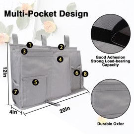 Lollanda Bedside Organiser Pocket Hanging, Bedside Caddy Bed Organiser, Bedside Storage Bag for Bunk Dormitory, Canvas Bedside Pockets (Grey)