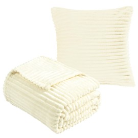 Vessia Flannel Fleece Cream Throw Blanket(50x71 Inch) for Couch with Pillow Cover(18 * 18 Inch), Warm Cozy Soft Striped Pattern Blanket, Microfiber Ivory Ribbed Sofa Throw for All Season