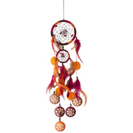 Saraswati Dream Catcher Coco Leather Red/Orange with 1TF 12 cm and 1TF 6 cm with Engraved Coco Discs and Capiz Shells 12 x 60 cm
