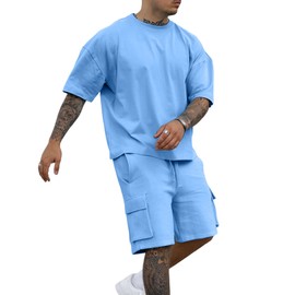 YawYews Men's 2 Piece Outfits Casual Tracksuit Cargo Shorts Summer Athletic Drop Shoulder Sleeve Sportwear Set