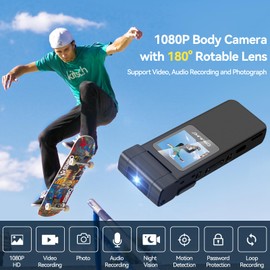CAMMHD V1-32G Body Cam with 180° Rotating Lens, HD 1080P Body Cam with Rear Clip, Motion Detection and 1.3 Inch Colour Screen, Portable Body Camera for Outdoor Sports/Cycling/Police