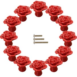 ESreake 12-Pack Red Rose Ceramic Knobs, Rose Flower Ceramic Vintage Pulls Kitchen Cabinet Dressing Table Dresser Handles with 3 Size Screws for Girl's Room Dresser Cupboard Wardrobe (12, Red)