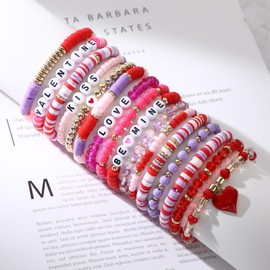 Sasylvia Valentine's Day Bracelets Surfer Heishi Pink Purple Preppy Bracelets Friendship Clay Beaded Bracelet Summer Elastic Stretch String Stackable for Girl Women Party Gift Beach (32 Pcs)(32 Pcs)