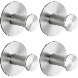 SAYAYO Self Adhesive Hooks for Hanging, Brushed Nickel Towel Hook for Bathrooms Coat Hooks Wall Mount, Stick on Hook SUS304 Stainless Steel, 4pcs