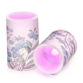 WEVIBOFU Blue Flowers Leaves Painting Flickering Flameless Candles LED Battery Operated with Remote Timer Pillar Candles for Home Birthday Wedding Christmas Decor, Set of 2