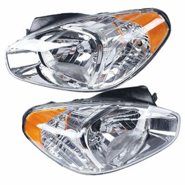 Hteedy Halogen Front Head Light Lamp For 2006-2011 Hyundai Accent Headlamp Assembly, 921011E010, 921021E010 (Driver + Passenger Side)